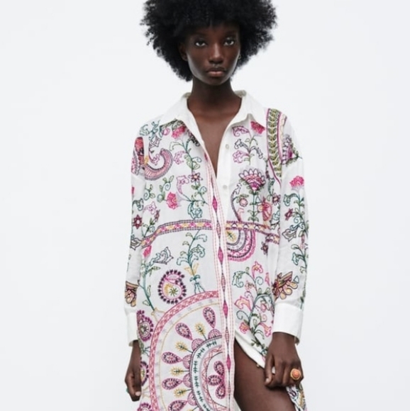 Zara Dresses & Skirts - ZARA long sleeves button down embroidered long shirt dress Med NEW